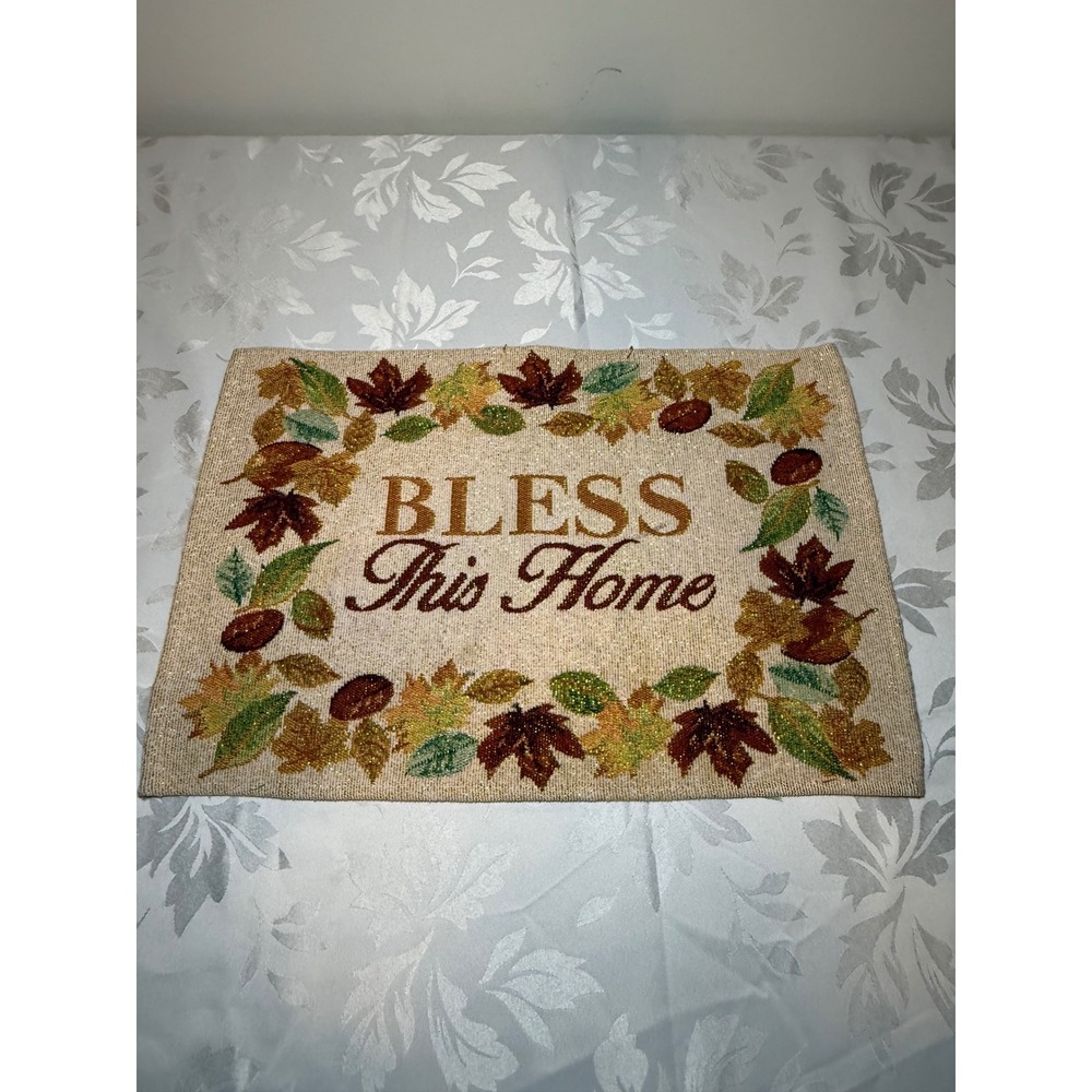 Bless This Home Autumn Leaves Tapestry Placemat Gold Metallic Fall Decor 18x12.5